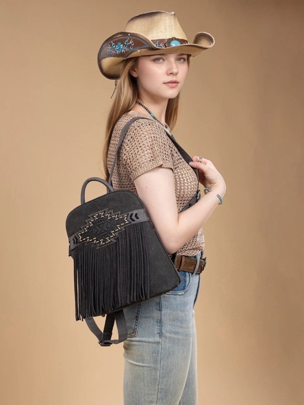 Trinity Ranch Aztec Tooled Fringe Concealed Carry Backpack Black - Picture 4 of 5